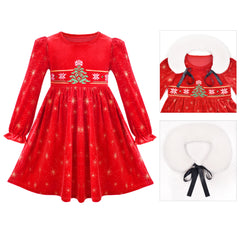 Girls Dress Christmas Hat Velvet Long Sleeve Holiday Size 4-14 Years