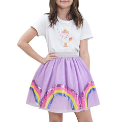 Girls T Shirt Tutu Skirt 2pc Pack Unicorn Ice Cream Rainbow Short Sleeve Size 4-10 Years