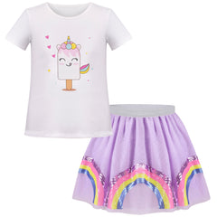 Girls T Shirt Tutu Skirt 2pc Pack Unicorn Ice Cream Rainbow Short Sleeve Size 4-10 Years