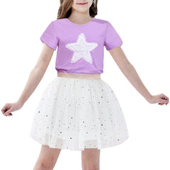 Girls T Shirt Tutu Skirt 2pc Pack Unicorn Ice Cream Rainbow Short Sleeve Size 4-10 Years