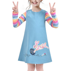 Girls Dress Colorful Daisy Flower Rainbow Long Sleeve Cotton Size 3-12 Years