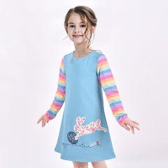 Girls Dress Colorful Daisy Flower Rainbow Long Sleeve Cotton Size 3-12 Years