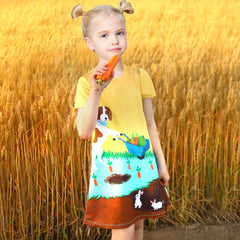 Girls Dress Tee Shirt Forest Tree House Applique Squirrel Short Sleeve Size 3-10 Years