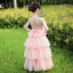 Girls Dress Lace Layered Ruffle Wedding Birthday Hollow Back Size 4-10 Years