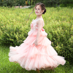 Girls Dress Lace Layered Ruffle Wedding Birthday Hollow Back Size 4-10 Years