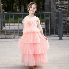 Girls Dress Lace Layered Ruffle Wedding Birthday Hollow Back Size 4-10 Years