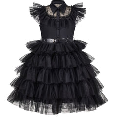 Girls Dress Halloween Square Collar Layer Skirt Puff Short Sleeve Size 4-14 Years