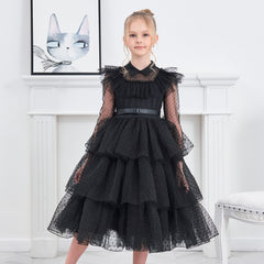 Girls Dress Halloween Square Collar Layer Skirt Puff Short Sleeve Size 4-14 Years