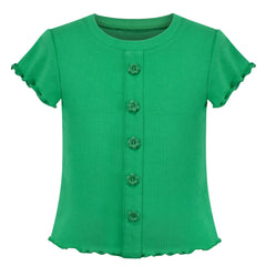 Girls T-shirt Crop Top Lettuce Trim Ribbed Knit Button Casual Size 4-10 Years