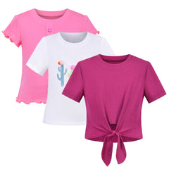 Girls Crop Top 3-Pack Rib-Knit Knot Hem Lettuce Trim Basic Casual Short Size 4-10 Years