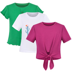 Girls Crop Top 3-Pack Rib-Knit Knot Hem Lettuce Trim Basic Casual Short Size 4-10 Years