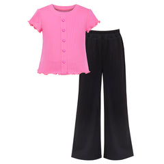 Girls 2 Piece Set Crop Top Straight Leg Pants Rib-Knit Casual Wear Size 4-10 Years