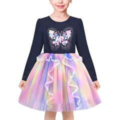 Girls Dress Cream Sequin Heart Butterfly Tulle Skirt Long Sleeve Size 3-12 Years