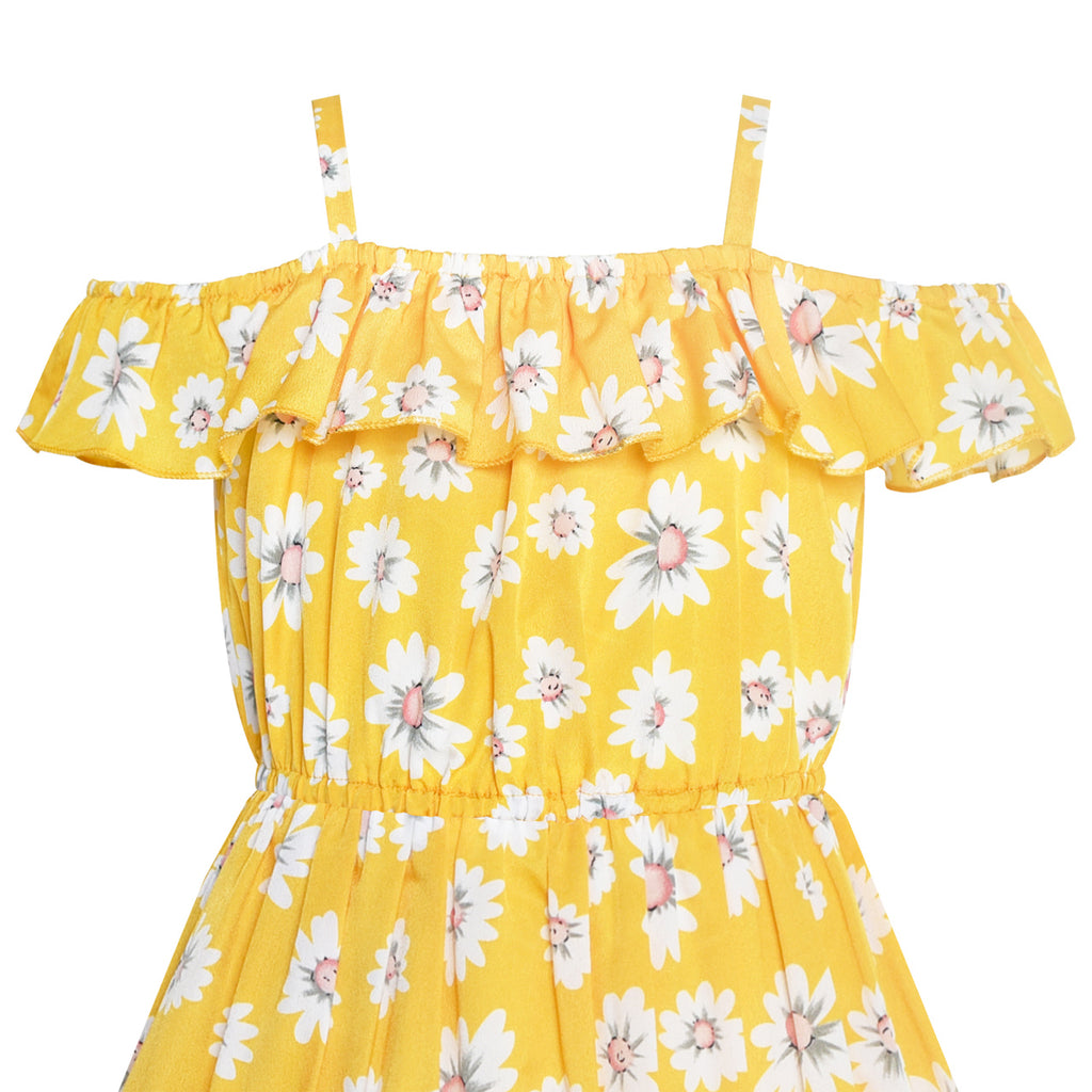 Girls Dress Off Shoulder Yellow Chiffon Floral Hi-Low Party