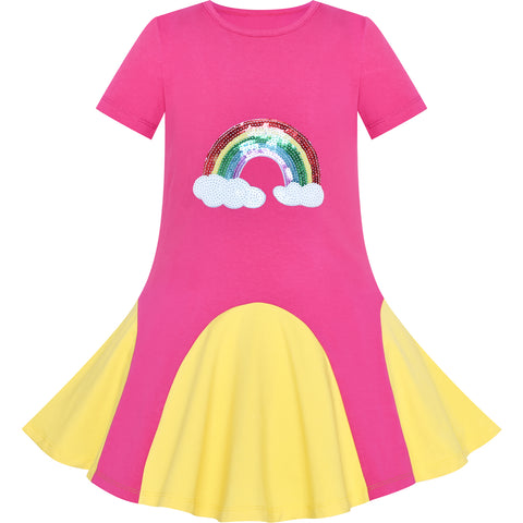 Girls Dress Pink Yellow Rainbow Unicorn Short Sleeve Cotton Casual Size 3-7 Years