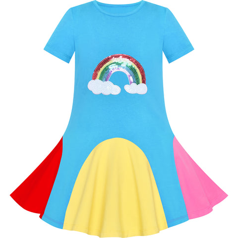 Girls Dress Blue Rainbow Unicorn Short Sleeve Cotton Casual Size 3-7 Years