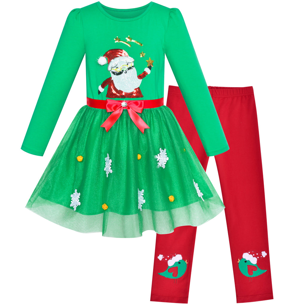 Girls Outfit Set Cotton Dress Leggings Santa Christmas Gift – Sunny Fashion