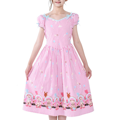 Girls Vintage Dress 50s Retro 1950s Rockabilly Pink Dress Short Sleeve Size 6-12 Years