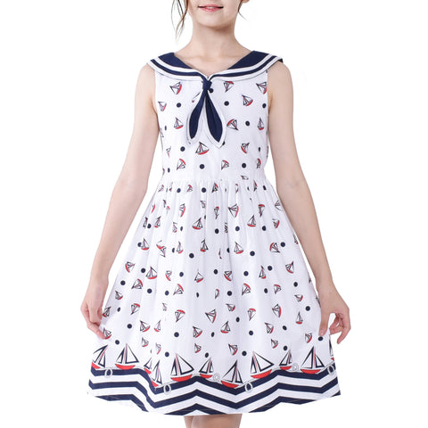 Girls Vintage Dress Retro 1950s Rockabilly Sailor Collar Water Ripple Size 6-12 Years