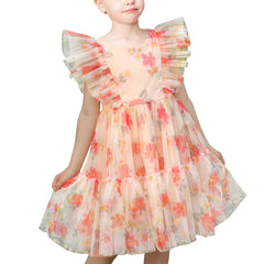 Girls Dress Floral Ruffle Tulle Skirt Flutter Flare Sleeve Size 4-10 Years